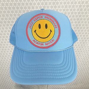 Aviator Nation Jazz Aspen Snowmass Trucker Hat Blue Smile Face EUC O/S